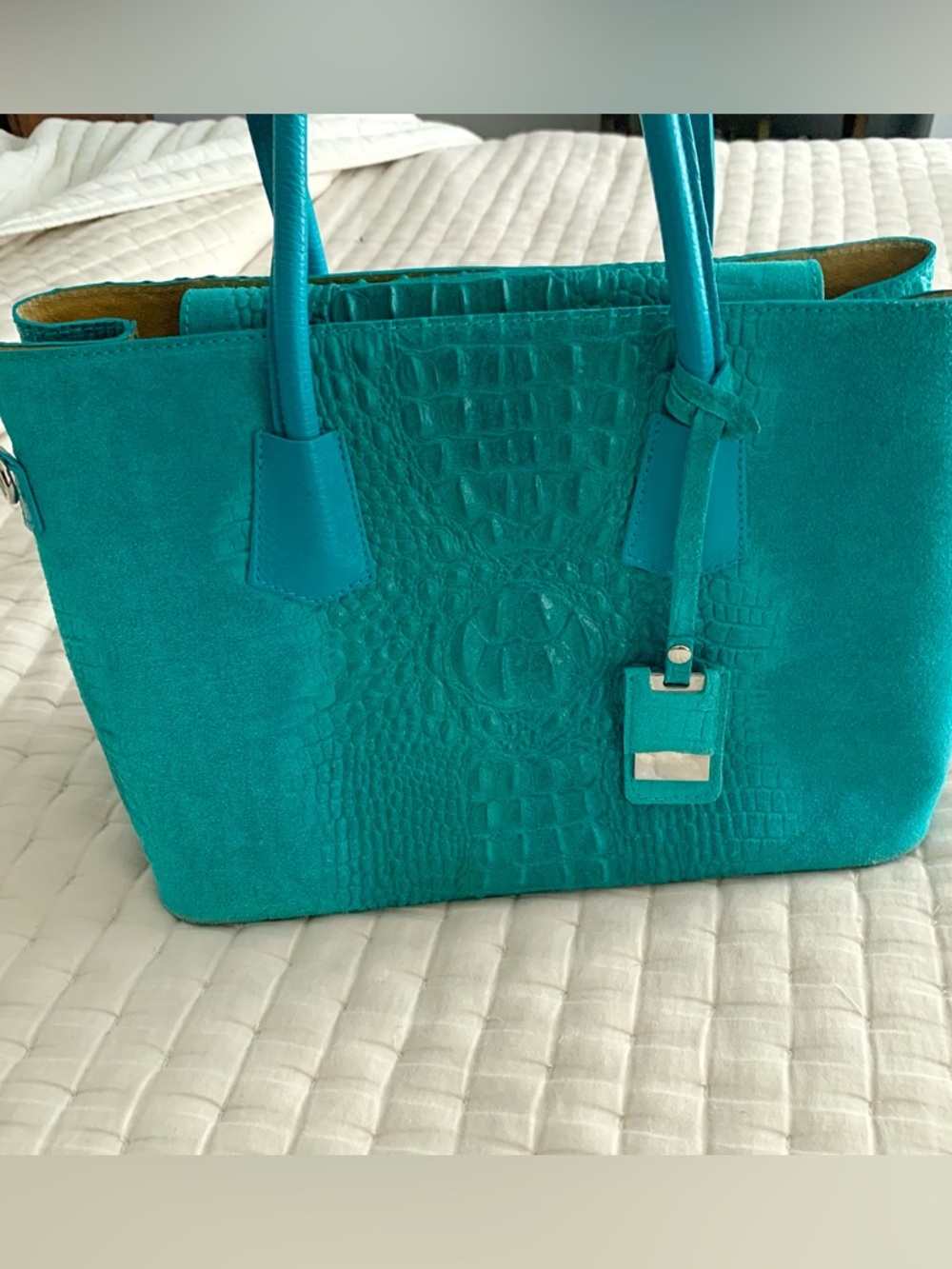 Mila Blu Italian Croc Embossed Leather Satchel Shoulder Bag Turquoise Teal blue - Picture 4 of 14
